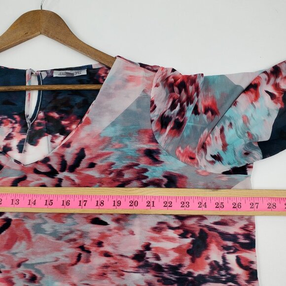 Jennifer Lopez Women 2X Pink Floral Sheer Overlay Blouse V-Neck Asymmetrical Top - Picture 13 of 15